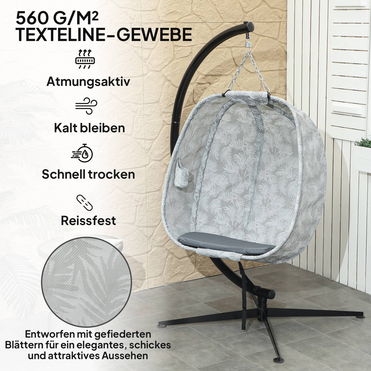 Vejčité závěsné venkovní křeslo s polštáři, šedé
