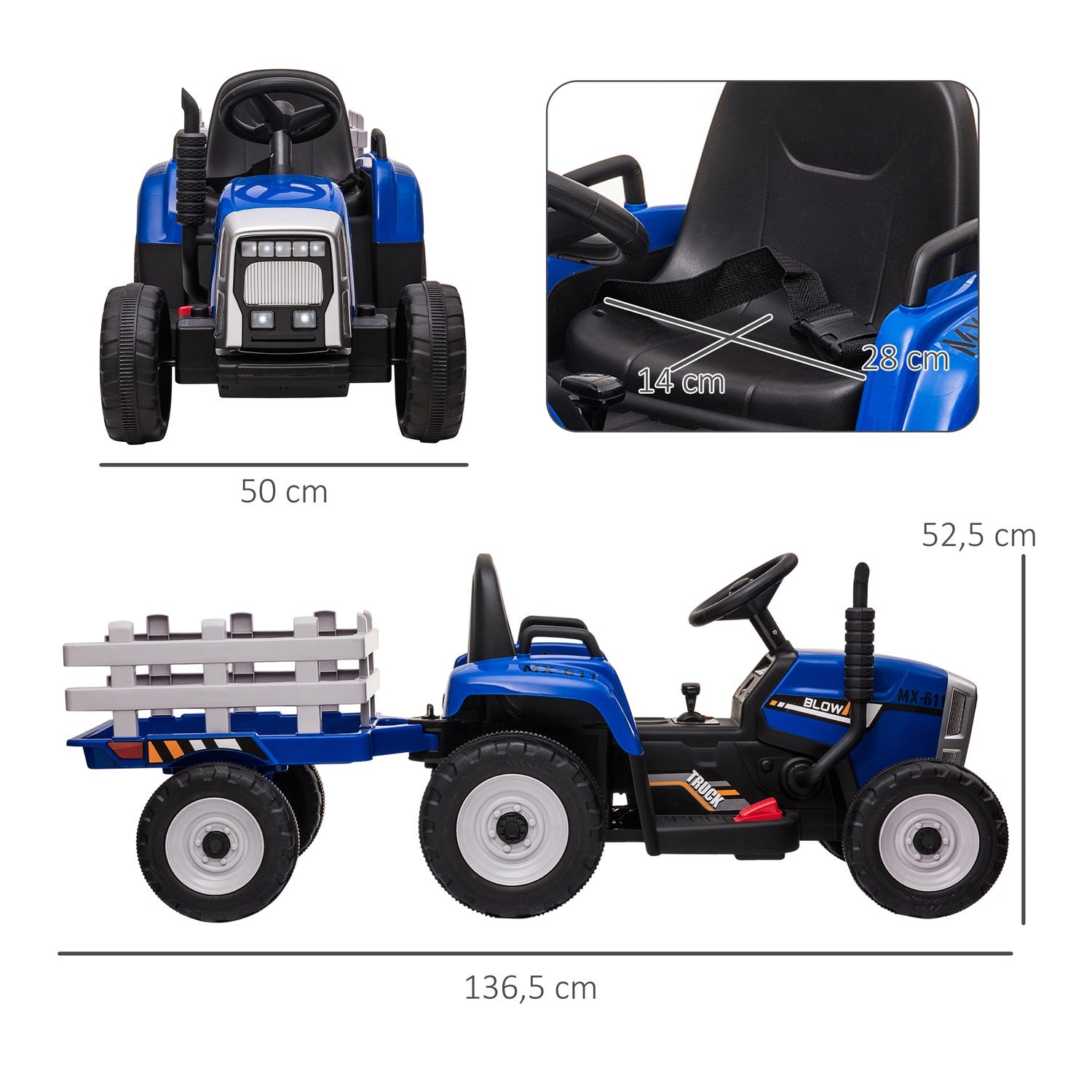 Åktraktor för barn med fjärrkontroll, MP3, strålkastare, blå