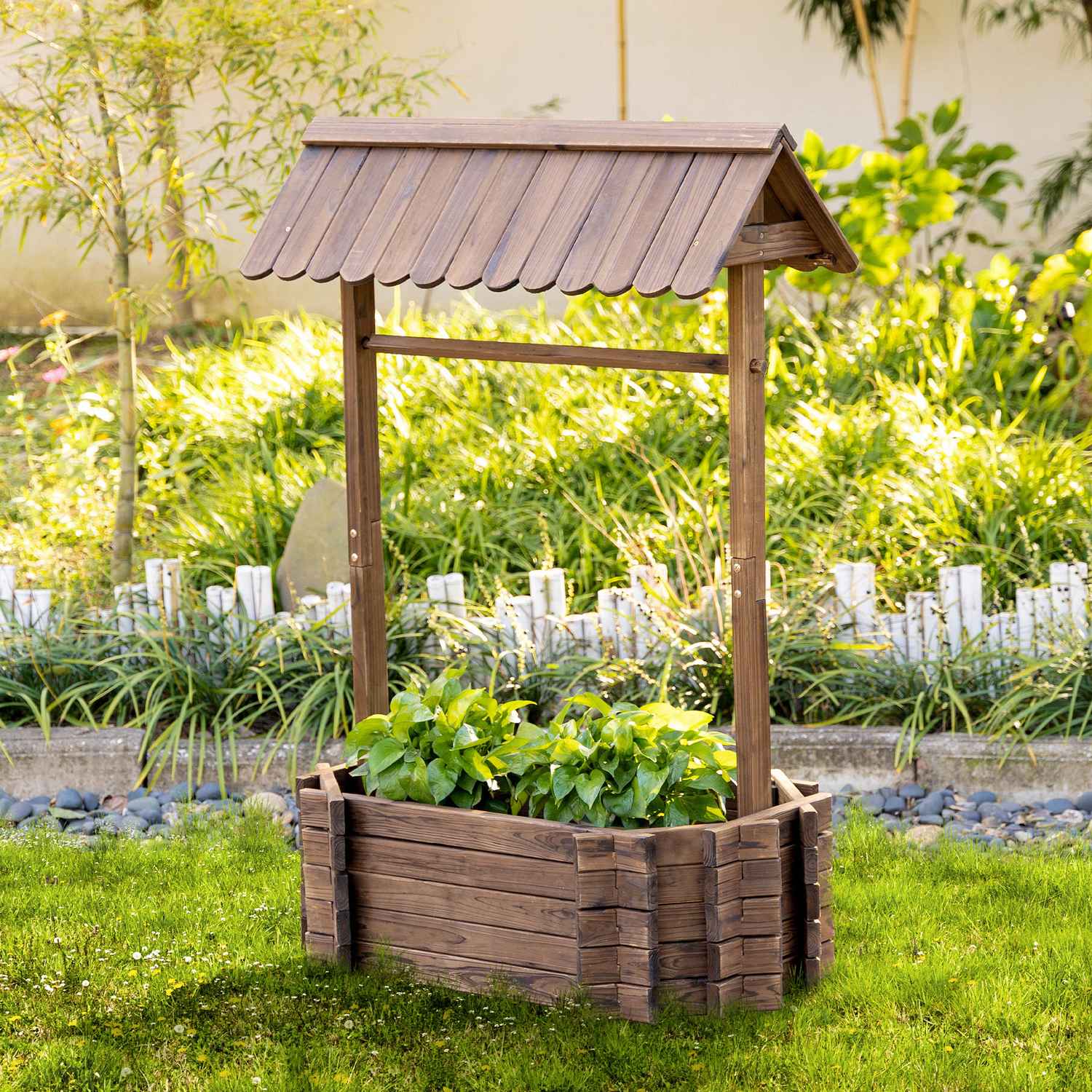 Önskebrunn Blomlåda med tak och spaljé, brunt trä